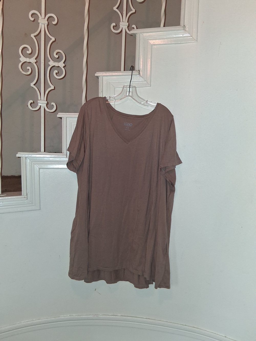 LOGO by Lori Goldstein V-Neck Short Sleeve Top in Brown